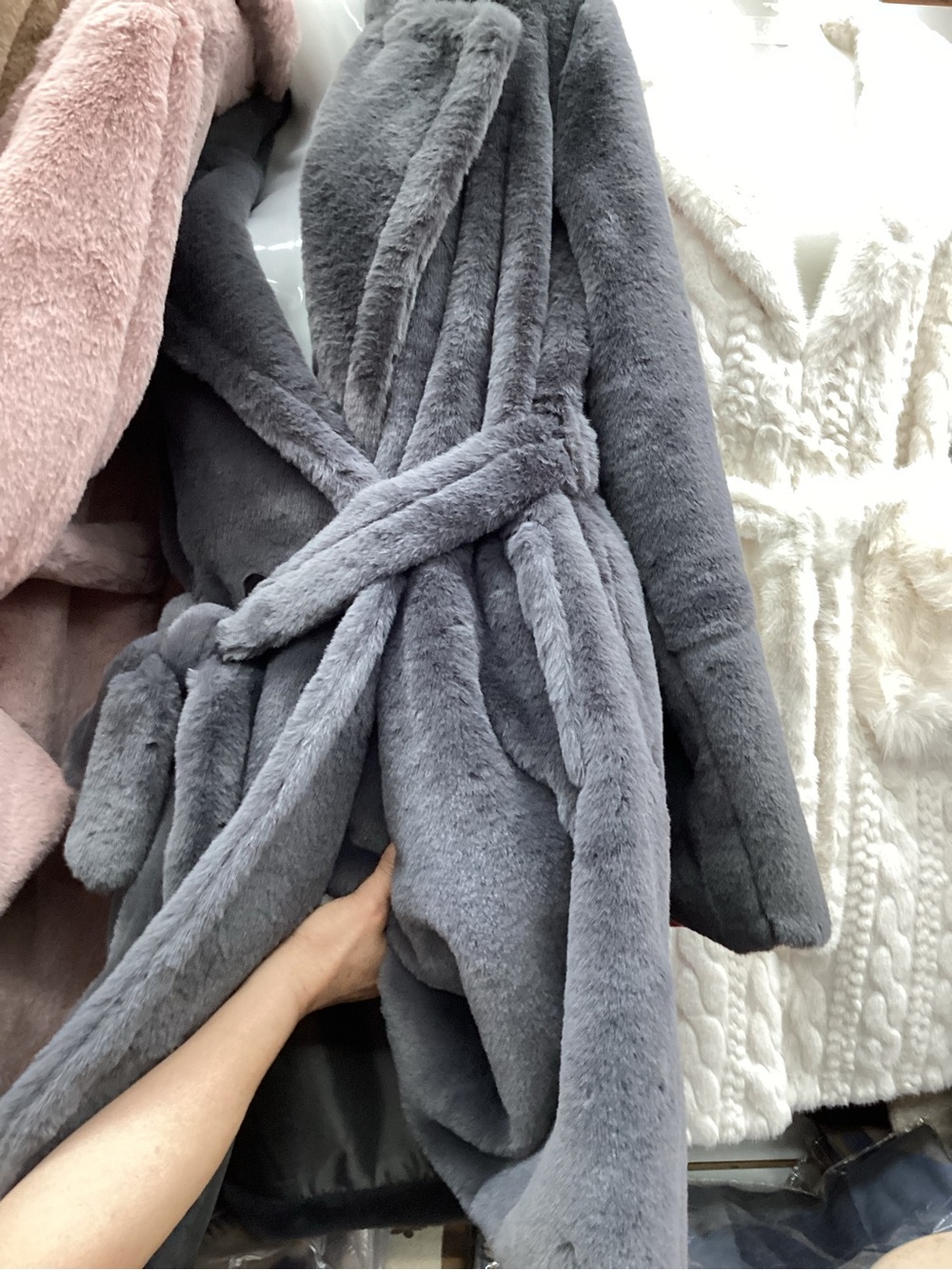 Plush Gray Faux Fur Robe with Tie Waist